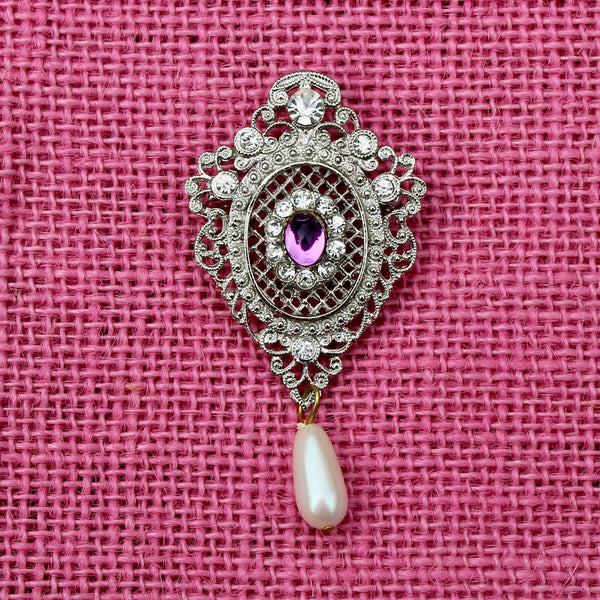 Silver Purple Rhinestone Regency Drop Brooch