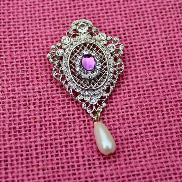 Silver Purple Rhinestone Regency Drop Brooch