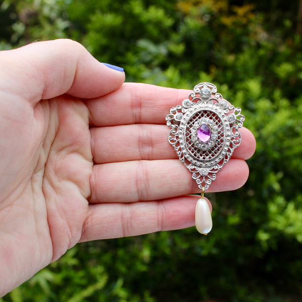 Silver Purple Rhinestone Regency Drop Brooch