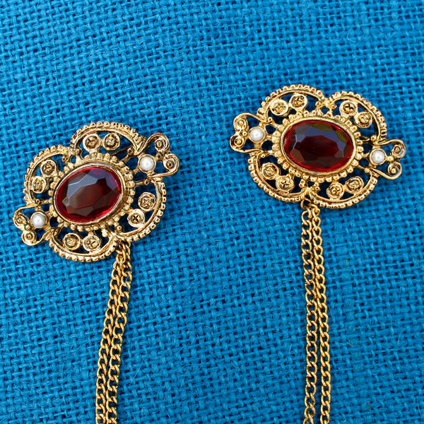 Gold Floral Doublet Brooch Red