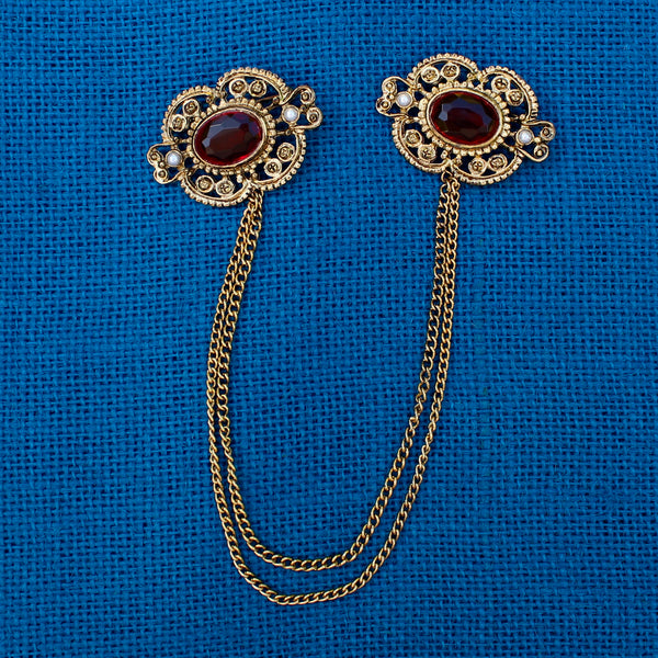Gold Floral Doublet Brooch Red