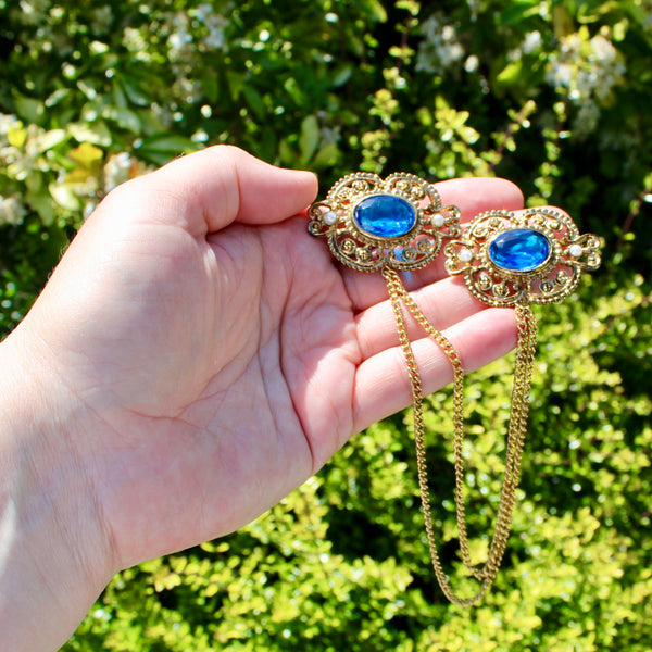 Gold Floral Doublet Brooch Blue