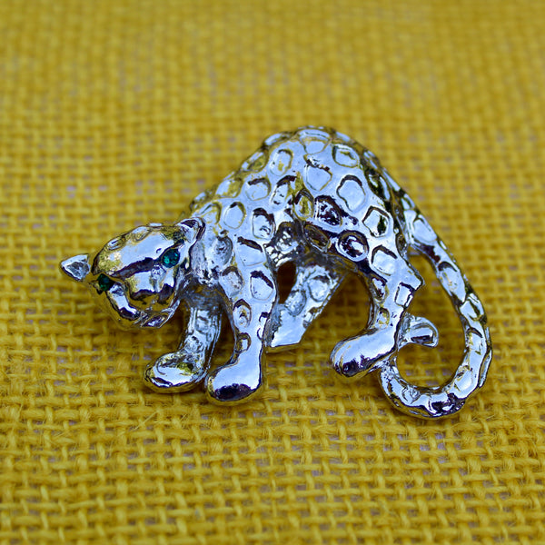 Green Eyed Spotted Silver Leopard Brooch