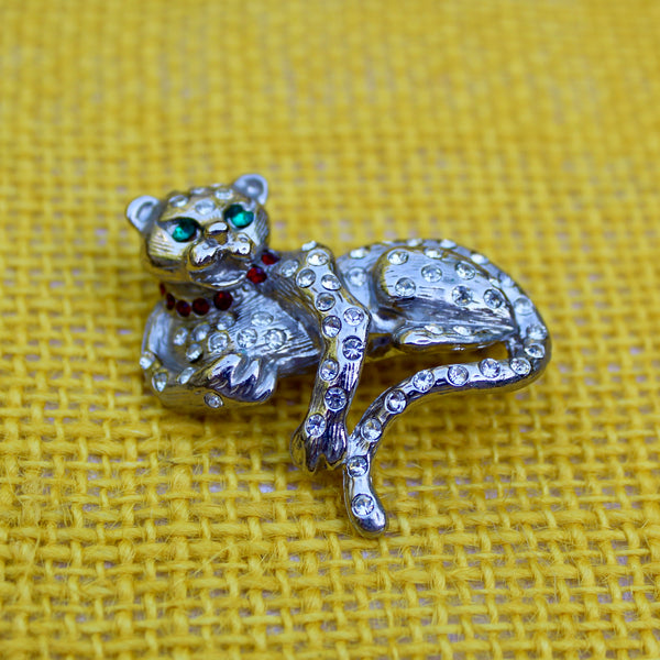 Silver Rhinestone Leopard Brooch