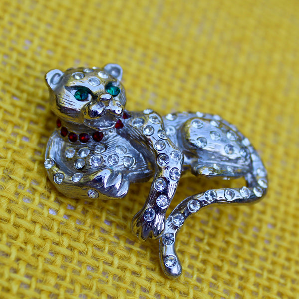 Silver Rhinestone Leopard Brooch