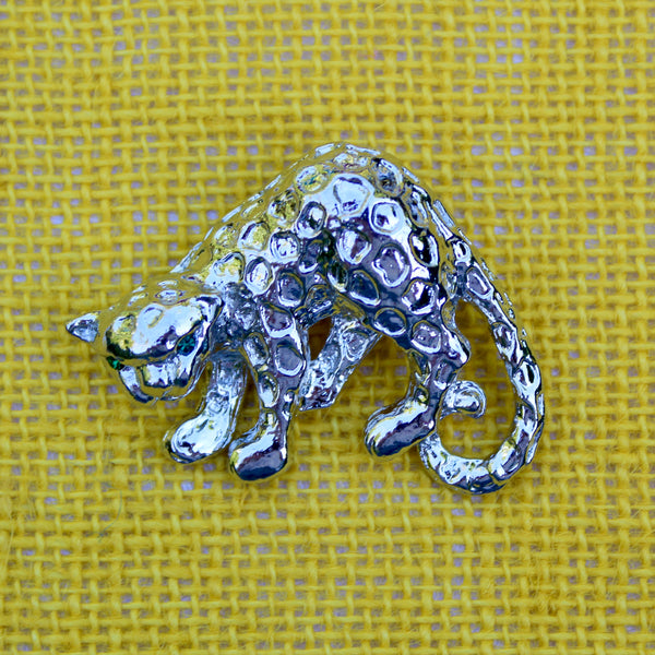 Green Eyed Spotted Silver Leopard Brooch