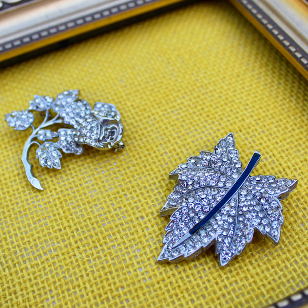 Silver Sparkle Rose and Leaf Brooches