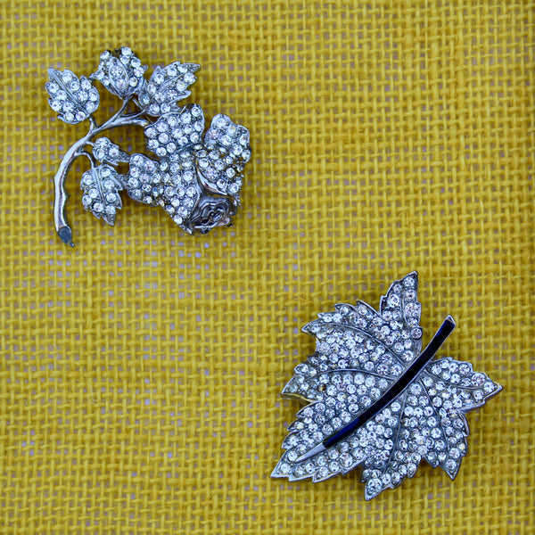 Silver Sparkle Rose and Leaf Brooches