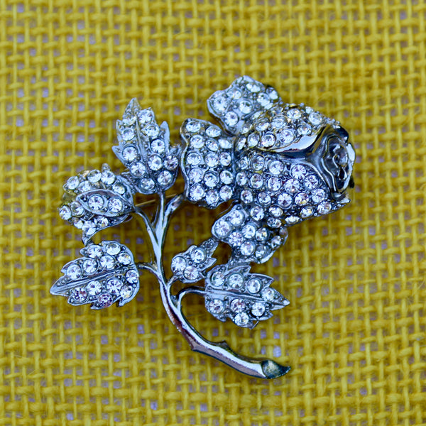 Silver Sparkle Rose and Leaf Brooches