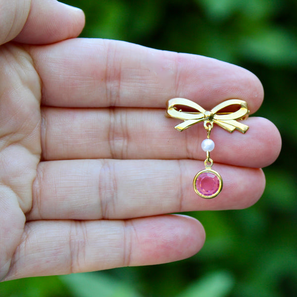 Tiny Bow with Pink Drop or Blue Heart Brooch