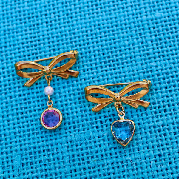 Tiny Bow with Pink Drop or Blue Heart Brooch