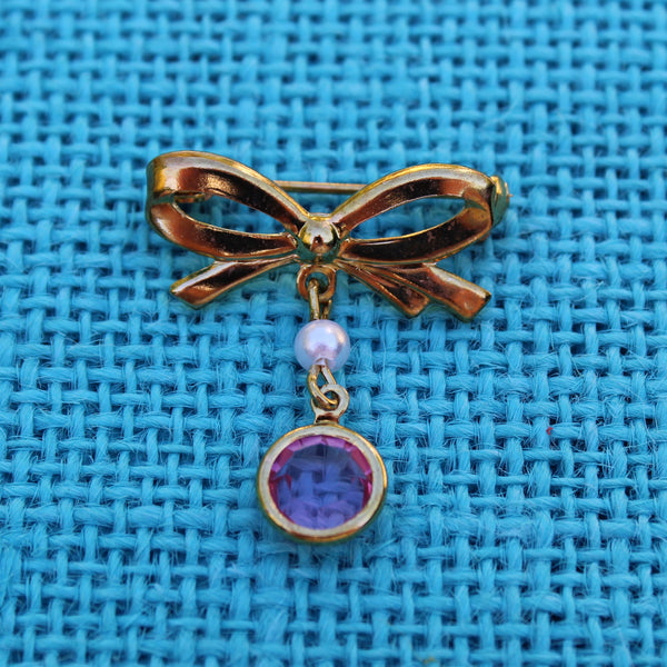 Tiny Bow with Pink Drop or Blue Heart Brooch