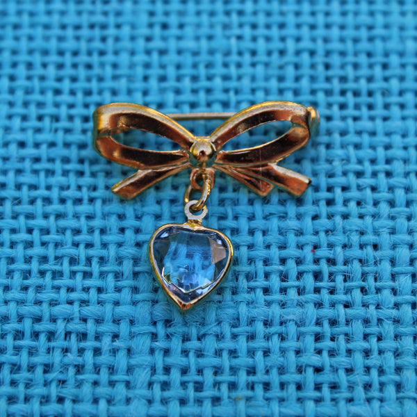 Tiny Bow with Pink Drop or Blue Heart Brooch