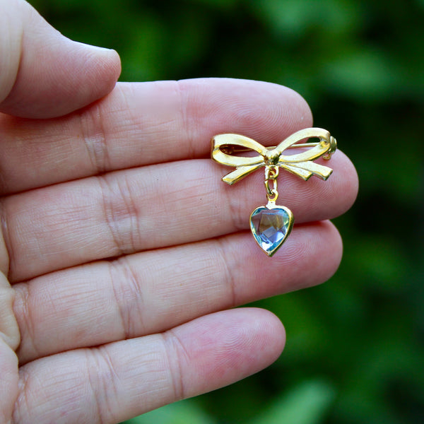 Tiny Bow with Pink Drop or Blue Heart Brooch