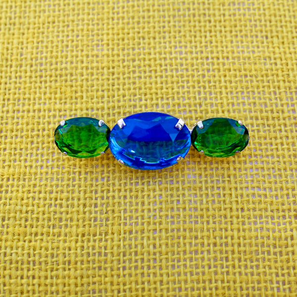 80s Deco Green and Blue Silver Trio Brooch