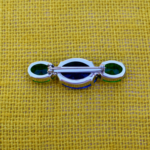 80s Deco Green and Blue Silver Trio Brooch