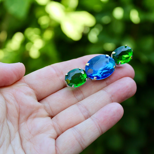 80s Deco Green and Blue Silver Trio Brooch