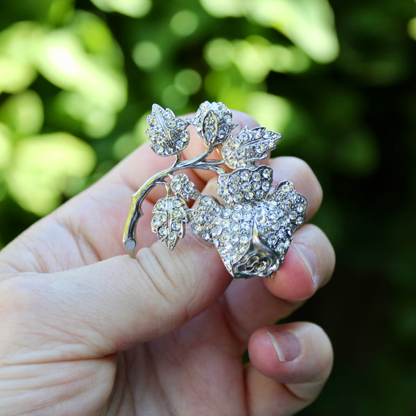 Silver Sparkle Rose and Leaf Brooches