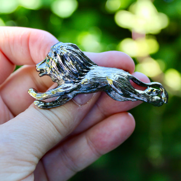 Silver Running Lion Brooch