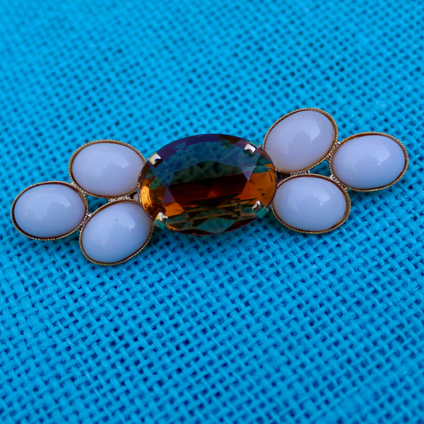 Faceted Topaz with White Cabochons Brooch