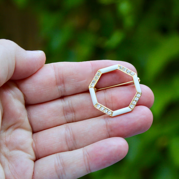 White Enamel Octagon Brooch