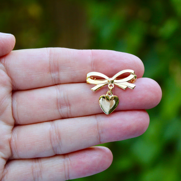 Tiny Bow with Gold Heart Brooch