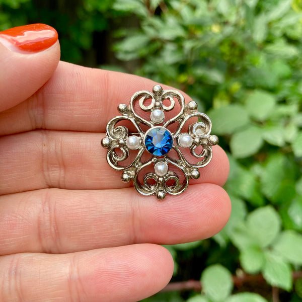 Tiny Blue Silver Brooch with Pearls