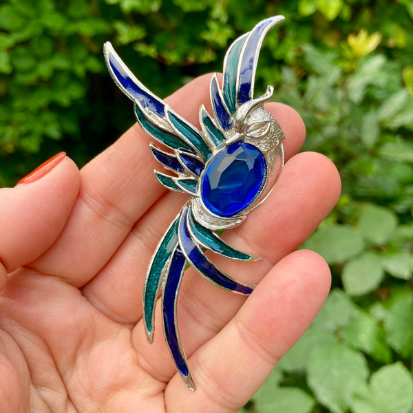 Silver and Blue Tropical Bird Brooch