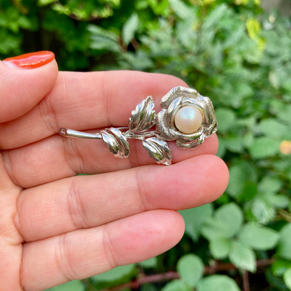 Silver Rose with Pearl Brooch