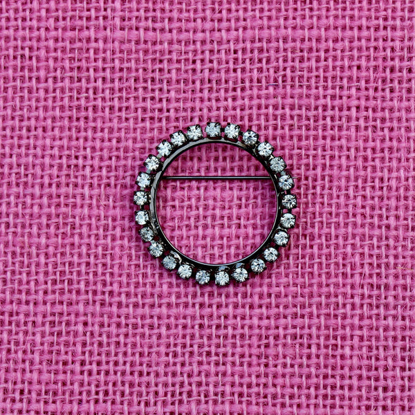 Medium Black Metal Rhinestone Disc Brooch