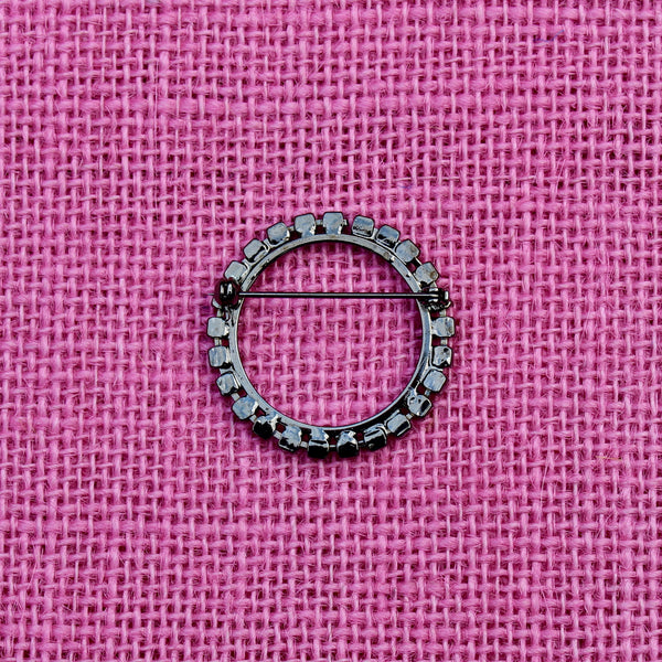 Medium Black Metal Rhinestone Disc Brooch