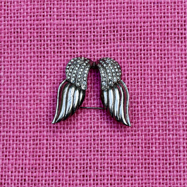 Silver Rhinestone Wings Brooch
