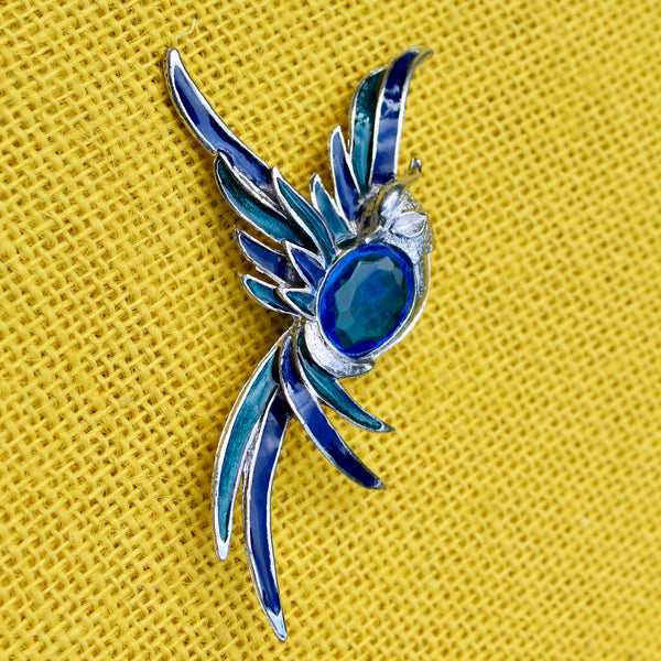 Silver and Blue Tropical Bird Brooch