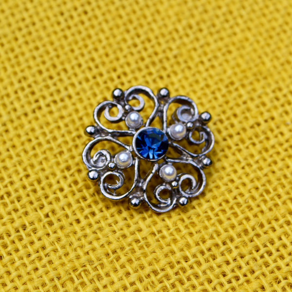 Tiny Blue Silver Brooch with Pearls