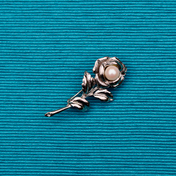 Silver Rose with Pearl Brooch