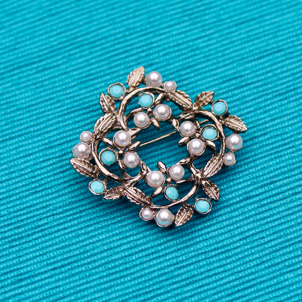 Silver and Faux Turquoise Pearl Wreath Brooch