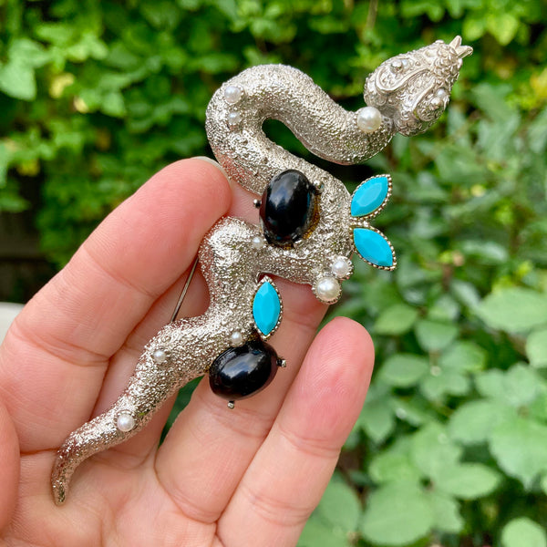 Giant Black and Turquoise Snake Brooch
