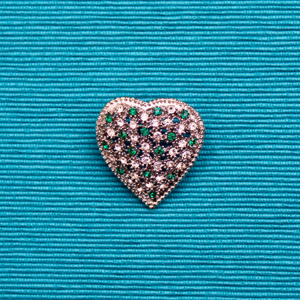Rhinestone Heart Green Silver Brooch