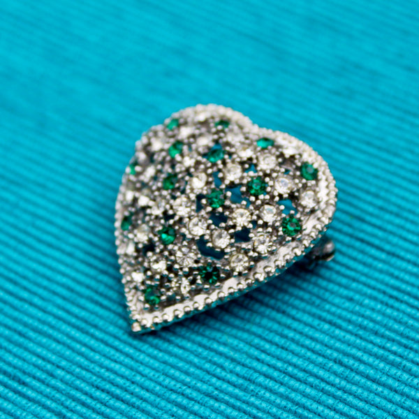 Rhinestone Heart Green Silver Brooch