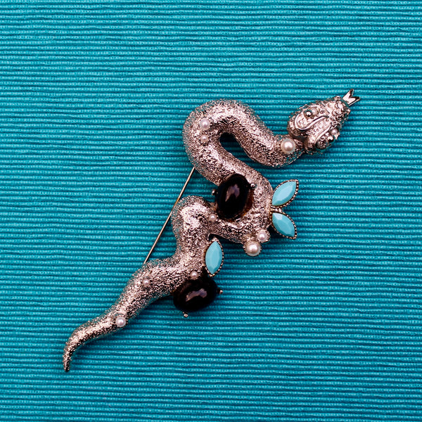 Giant Black and Turquoise Snake Brooch