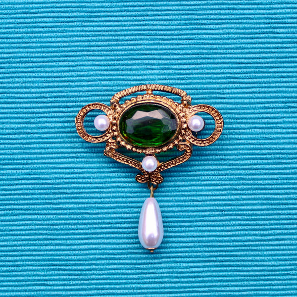 Green Antiqued Pearl Drop Brooch