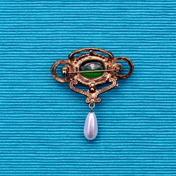 Green Antiqued Pearl Drop Brooch