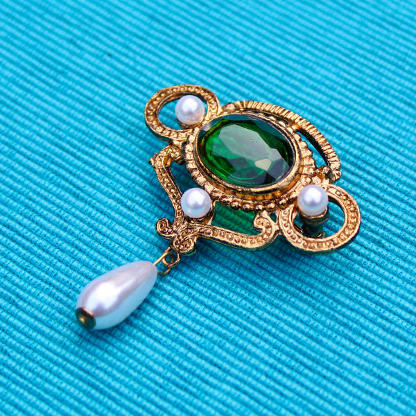 Green Antiqued Pearl Drop Brooch